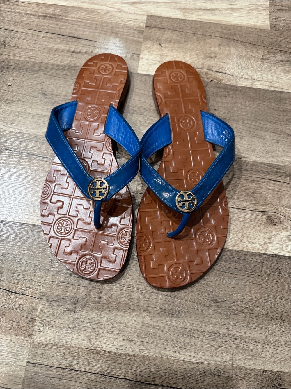 Tory Burch Blue Leather Thong Sandals with Gold Emblem